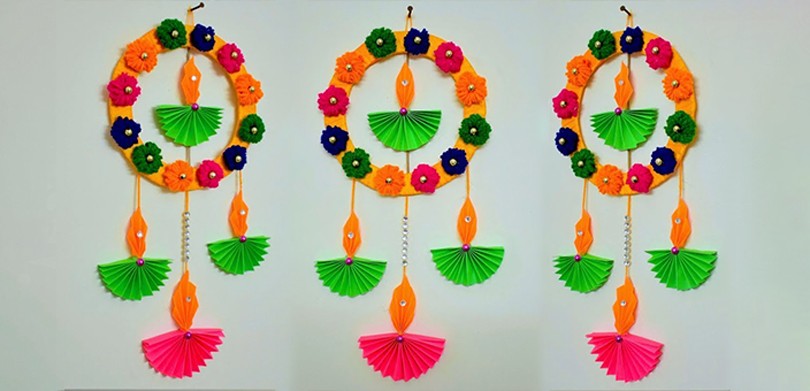 Hanging Paper Flowers And Paper Diya Decoration For Diwali