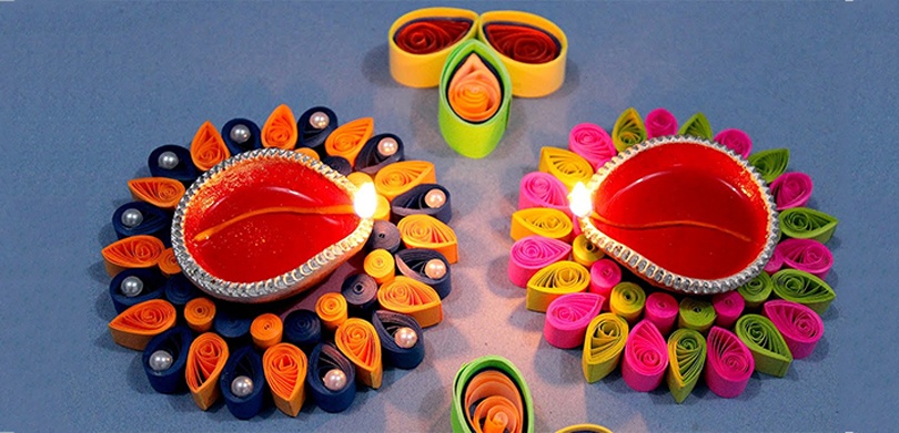 Diwali Decoration Ideas for Home Handmade - Quilling Paper Design Diyas and Thali